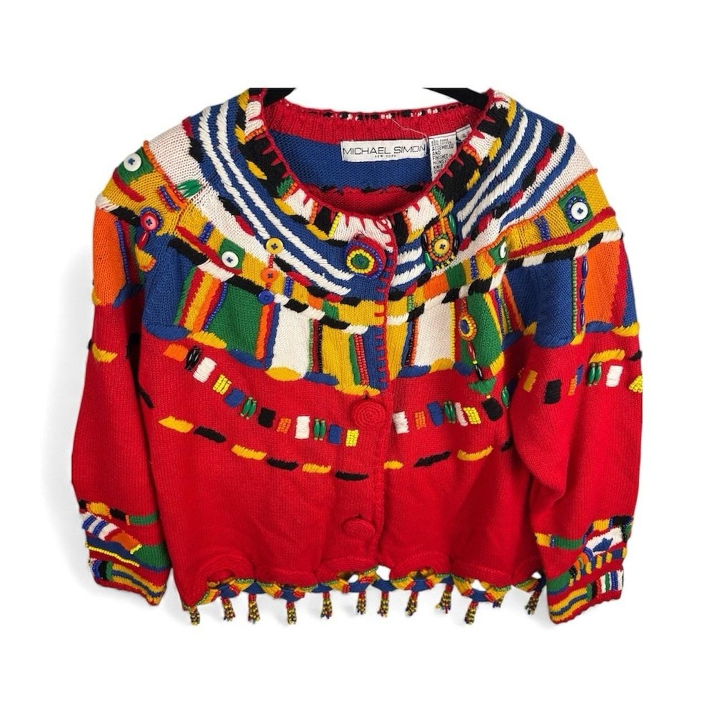 Vtg 90s Michael Simon Womens RARE Beaded Tassel Embroider Cardigan Sweater OSFA‎